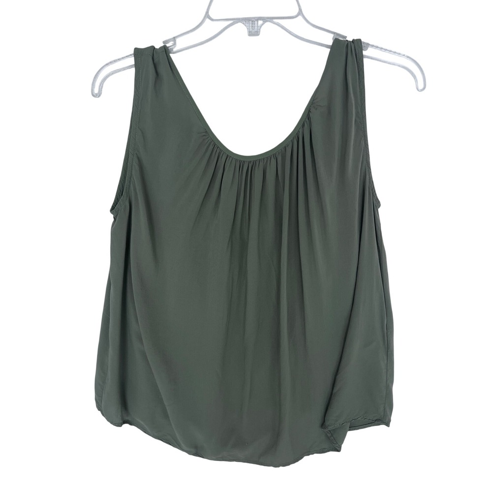 Magaschoni Women Olive Green Viscose Sleeveless Gathered Scoop Neck Tie Back Top